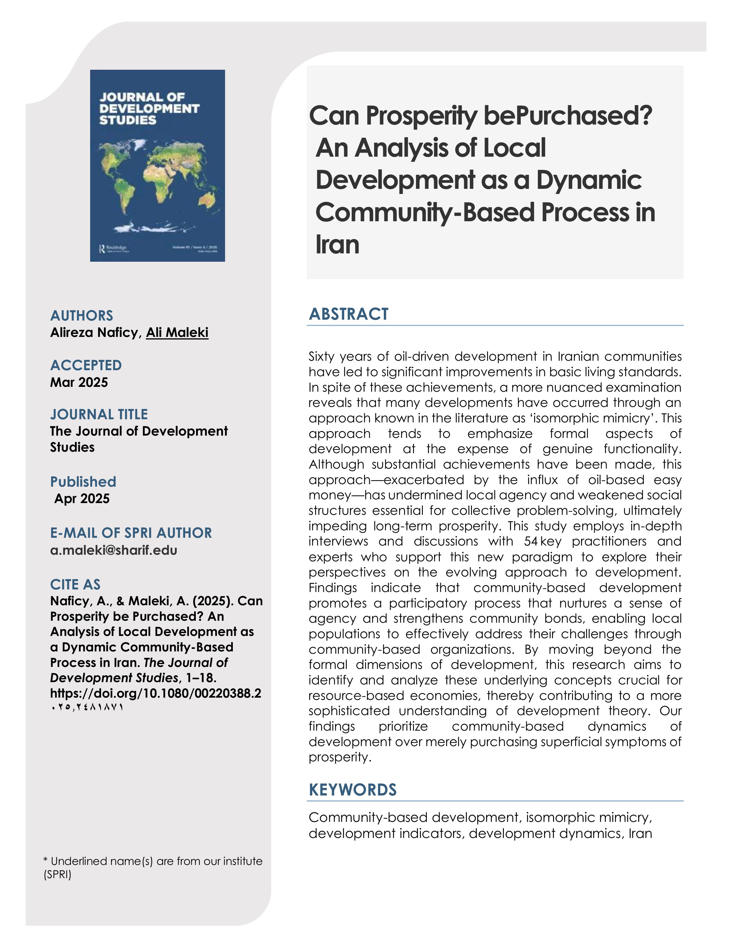Can Prosperity bePurchased? An Analysis of Local Development as a Dynamic Community-Based Process in Iran
