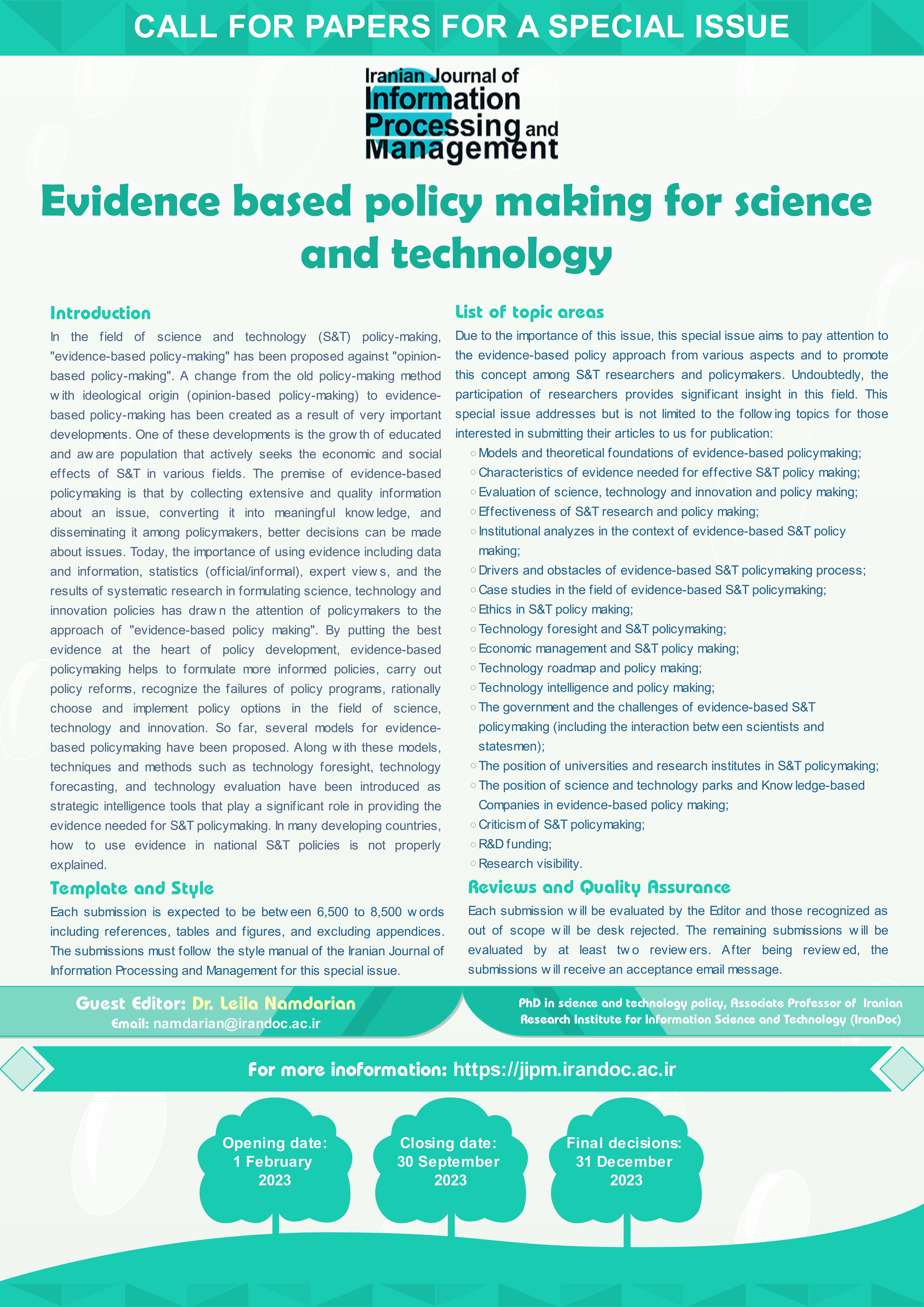 فراخوان مقاله برای ویژه نامه در حوزه های موضوعی مرتبط با  " سیاستگذاری مبتنی بر شواهد در حوزه علم و فناوری "