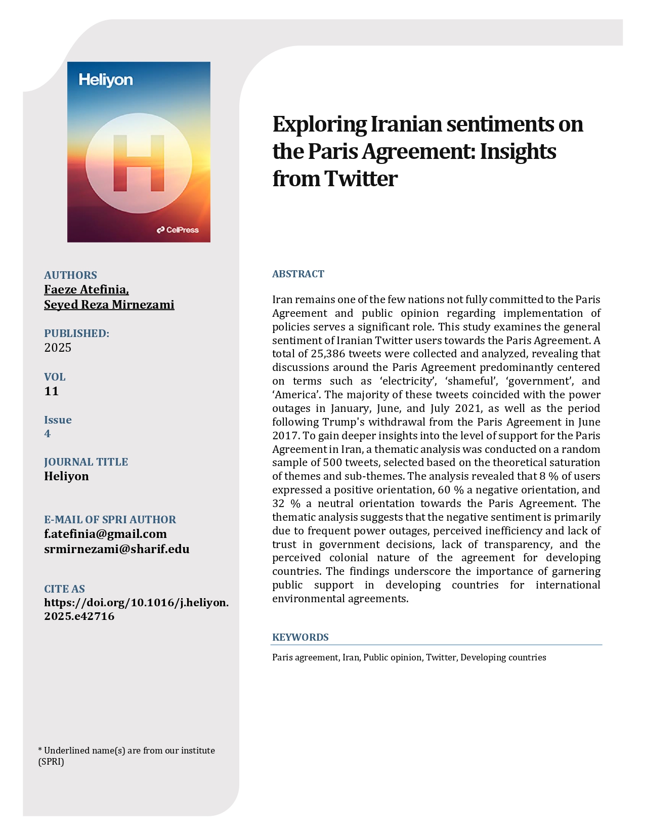 Exploring Iranian sentiments on the Paris Agreement: Insights from Twitter