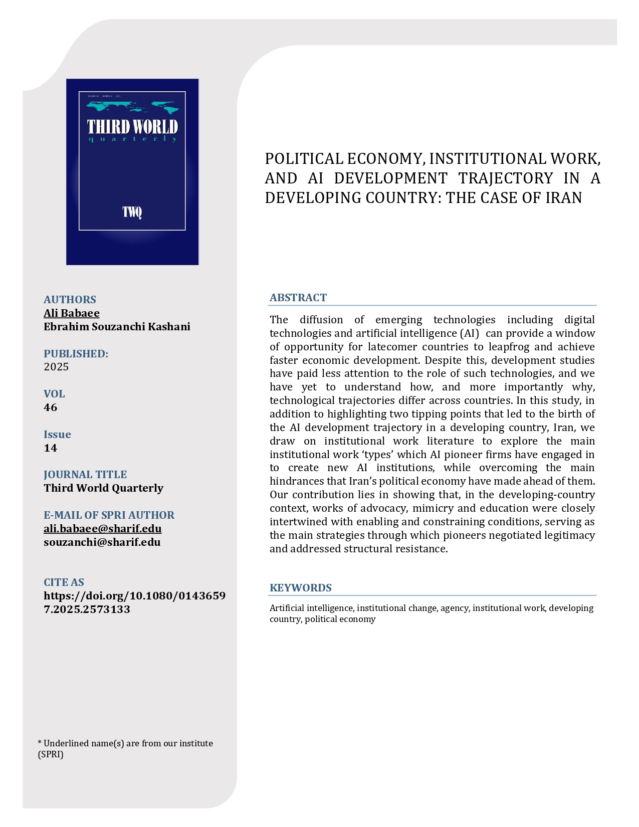 Political economy, institutional work, and AI development trajectory in a developing country: the case of Iran